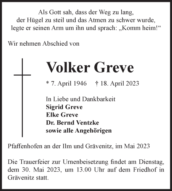 Traueranzeige von Volker Greve von Volksstimme Altmark Ost
