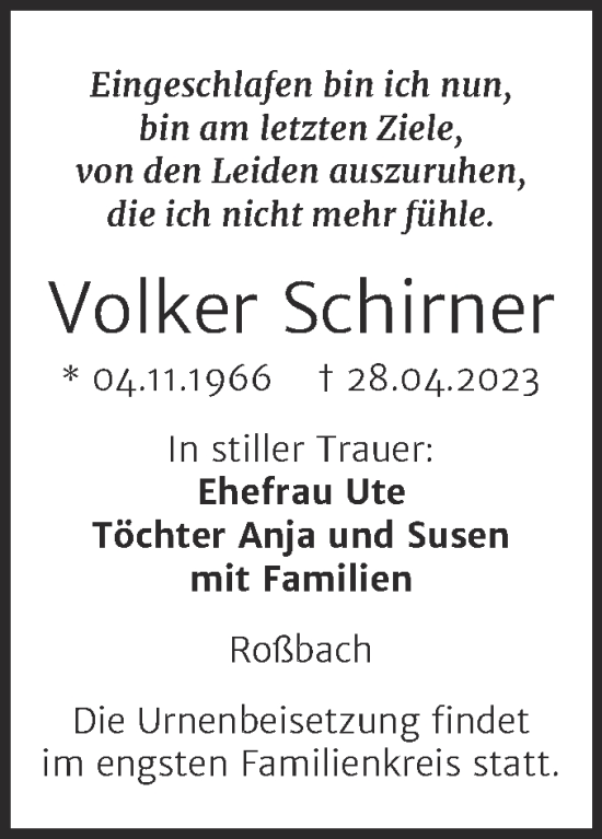 Traueranzeige von Volker Schirner von Wochenspiegel Naumburg/Nebra