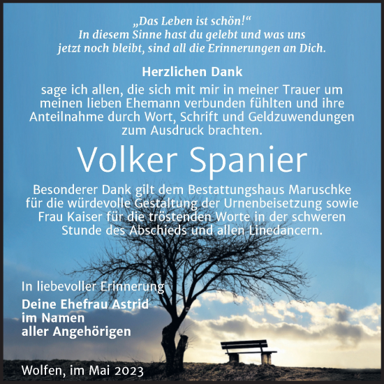 Traueranzeige von Volker Spanier von Trauerkombi Bitterfeld