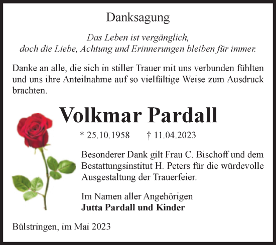 Traueranzeige von Volkmar Pardall von Volksstimme Haldensleben/Wolmirstedt