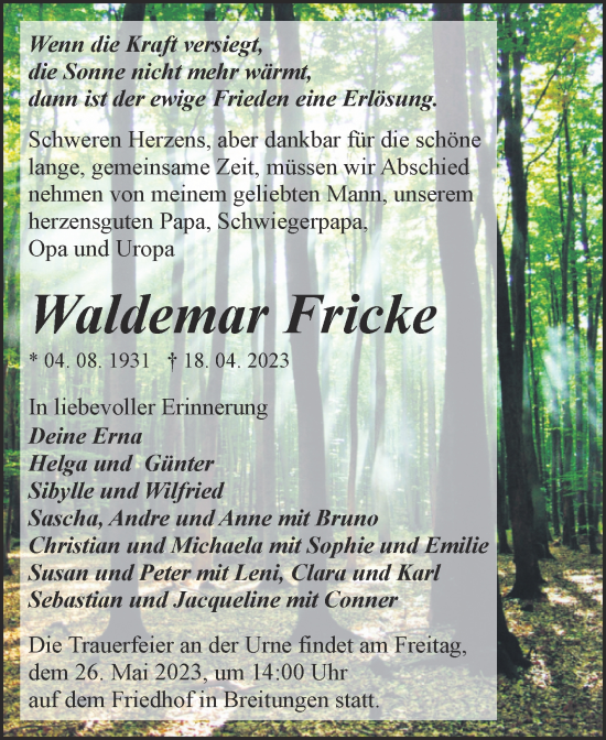 Traueranzeige von Waldemar Fricke von Trauerkombi Sangerhausen
