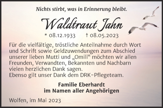 Traueranzeige von Waldtraut Jahn von Trauerkombi Bitterfeld