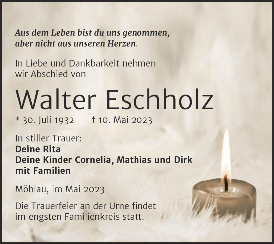 Traueranzeige von Walter Eschholz von Trauerkombi Wittenberg