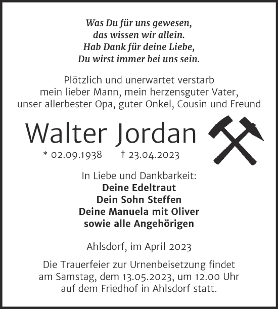 Traueranzeige von Walter Jordan von Trauerkombi Mansfelder Land
