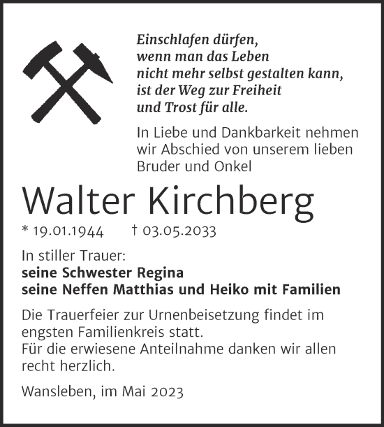 Traueranzeige von Walter Kirchberg von Trauerkombi Mansfelder Land