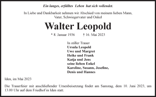 Traueranzeige von Walter Leopold von Volksstimme Altmark Ost