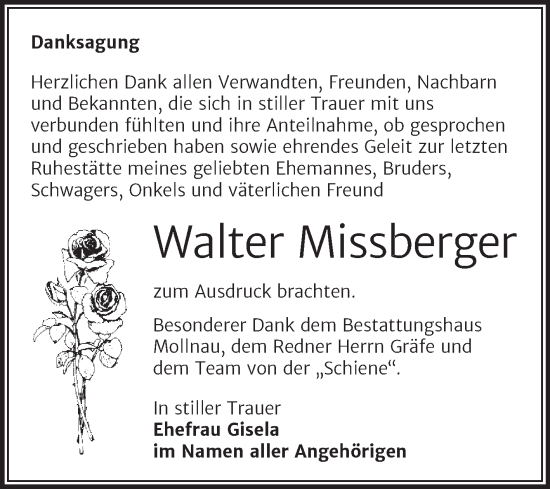 Traueranzeige von Walter Missberger von Trauerkombi Merseburg
