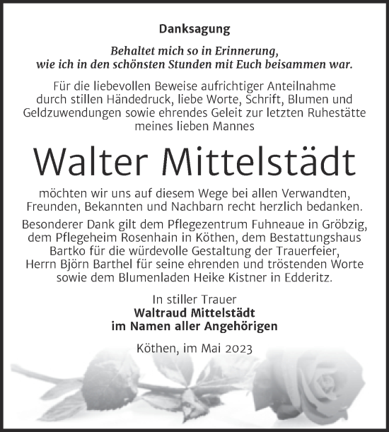 Traueranzeige von Walter Mittelstädt von Trauerkombi Köthen