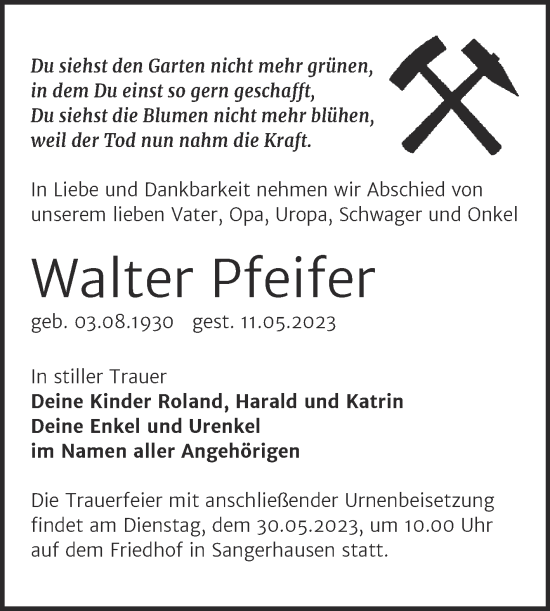 Traueranzeige von Walter Pfeifer von Trauerkombi Sangerhausen