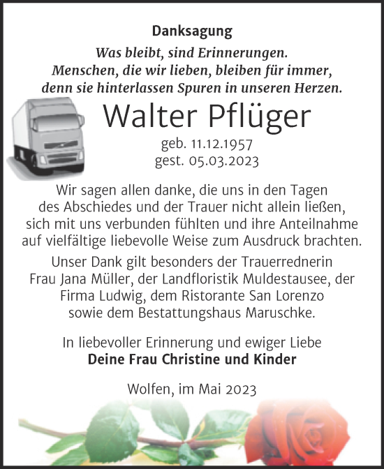 Traueranzeige von Walter Pflüger von Trauerkombi Bitterfeld