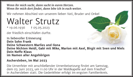 Traueranzeige von Walter Strutz von Trauerkombi Aschersleben