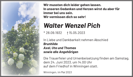 Traueranzeige von Walter Wenzel Pich von Trauerkombi Aschersleben