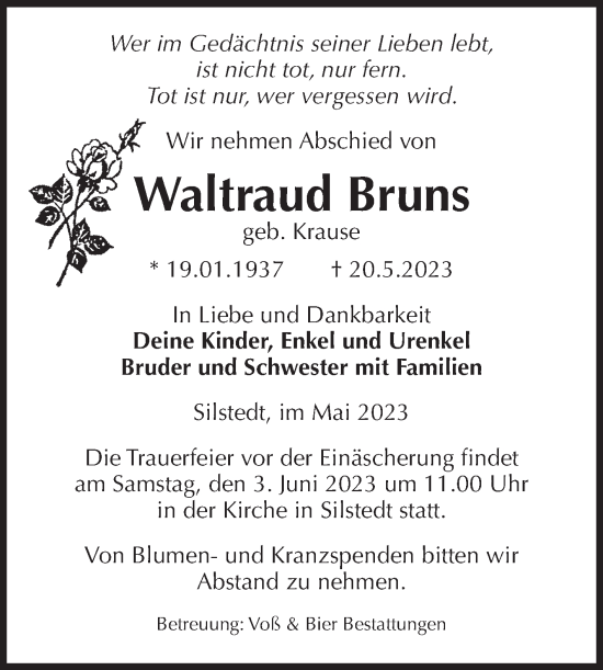 Traueranzeige von Waltraud Bruns von Volksstimme Wernigerode