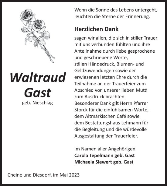 Traueranzeige von Waltraud Gast von Volksstimme Altmark West