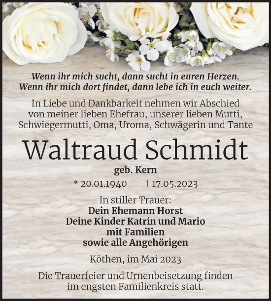 Traueranzeige von Waltraud Schmidt von Trauerkombi Köthen