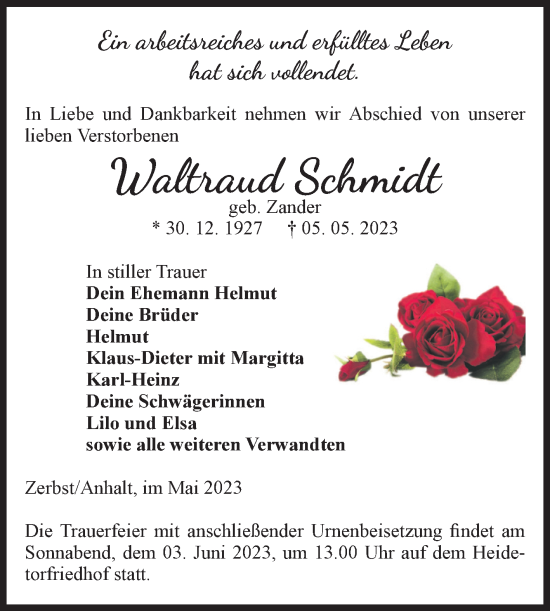Traueranzeige von Waltraud Schmidt von Volksstimme Zerbst