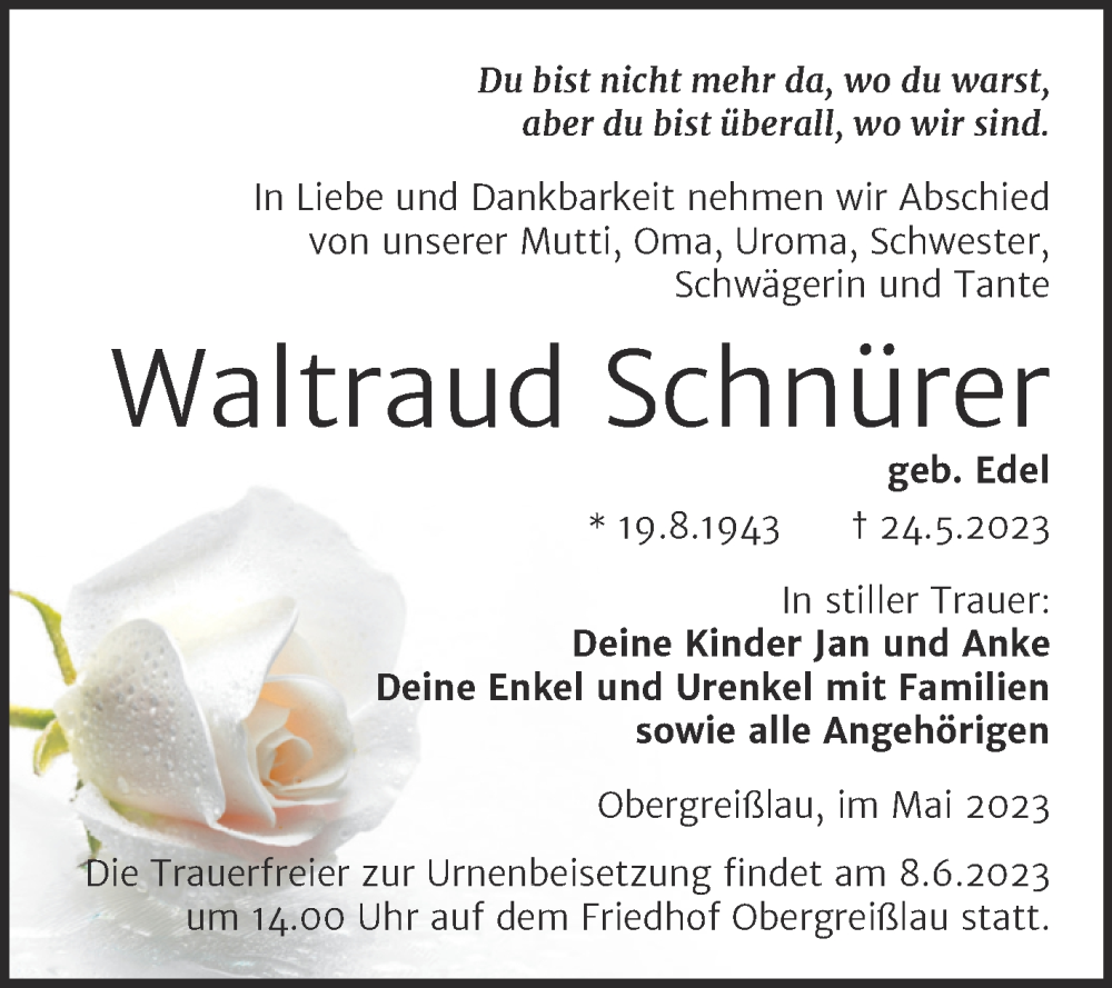  Traueranzeige für Waltraud Schnürer vom 31.05.2023 aus Trauerkombi Weißenfels