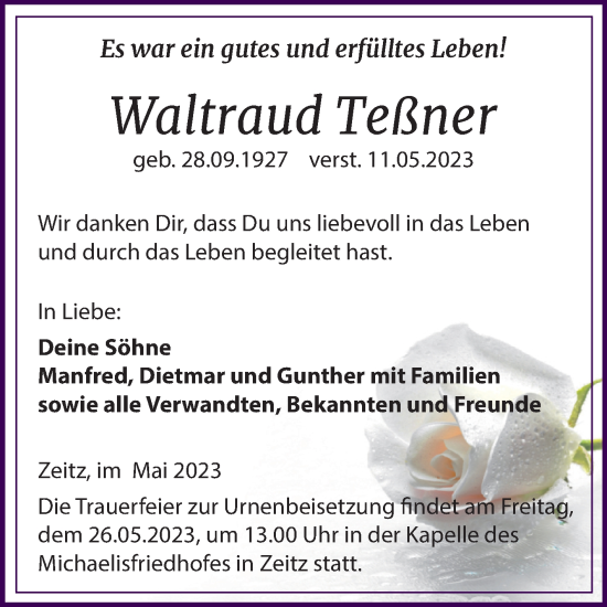 Traueranzeige von Waltraud Teßner von Trauerkombi Zeitz