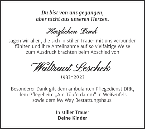 Traueranzeige von Waltraut Leschek von Trauerkombi Weißenfels