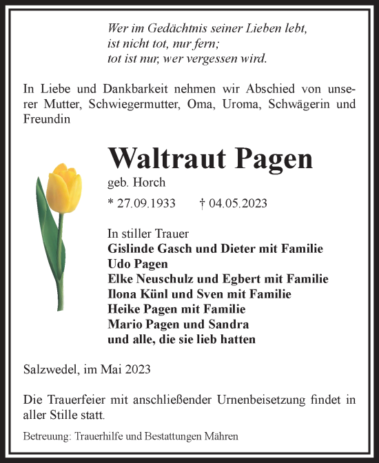 Traueranzeige von Waltraut Pagen von Volksstimme Altmark West