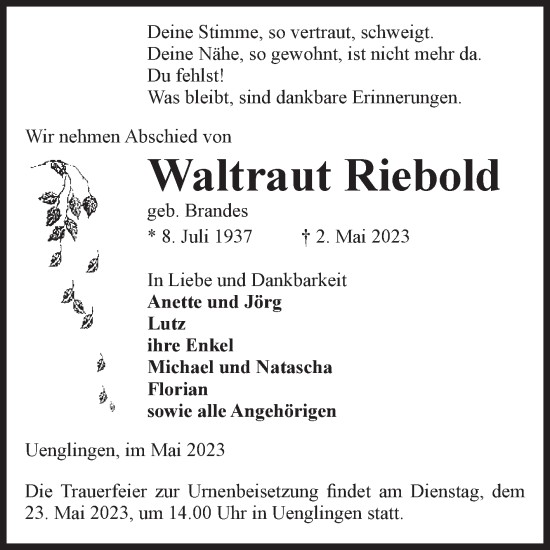 Traueranzeige von Waltraut Riebold von Volksstimme Altmark Ost