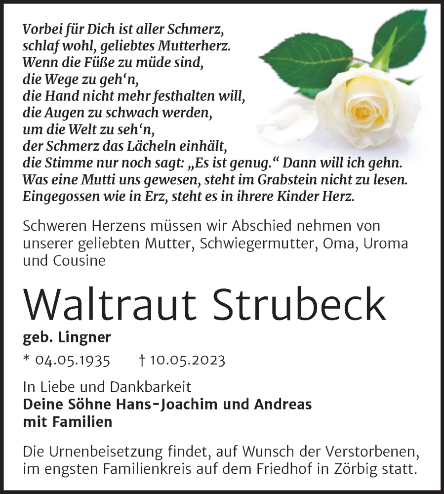  Traueranzeige für Waltraut Strubeck vom 20.05.2023 aus Trauerkombi Bitterfeld