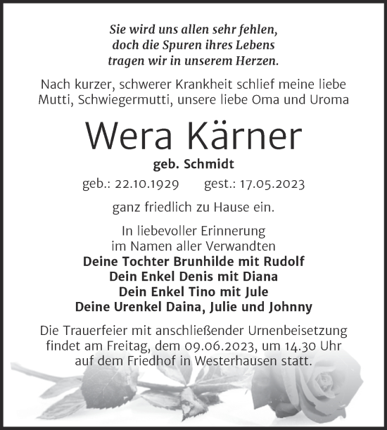 Traueranzeige von Wera Kärner von Trauerkombi Quedlinburg