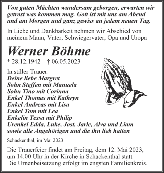Traueranzeige von Werner Böhme von Mitteldeutsche Zeitung Aschersleben