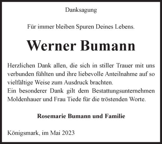 Traueranzeige von Werner Bumann von Volksstimme Altmark Ost