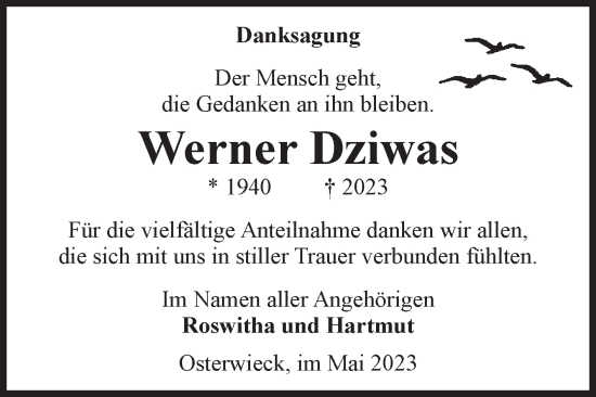 Traueranzeige von Werner Dziwas von Volksstimme Halberstadt