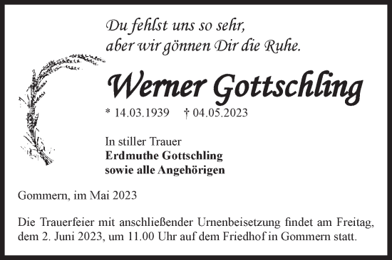 Traueranzeige von Werner Gottschling von Volksstimme Burg/Genthin