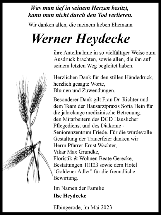 Traueranzeige von Werner Heydecke von Volksstimme Wernigerode
