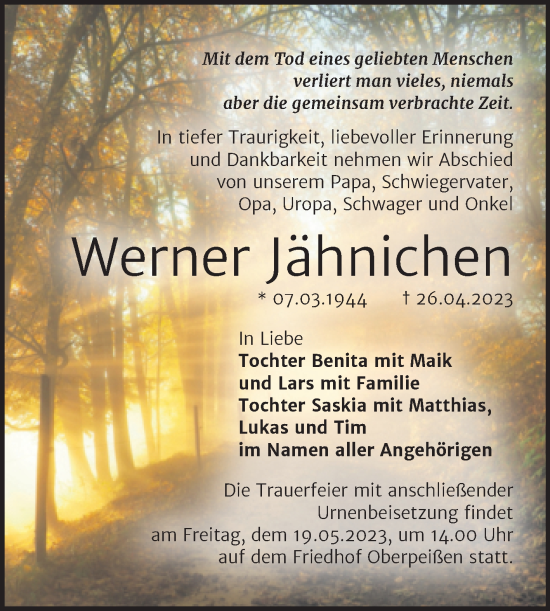 Traueranzeige von Werner Jähnichen von Trauerkombi Bernburg
