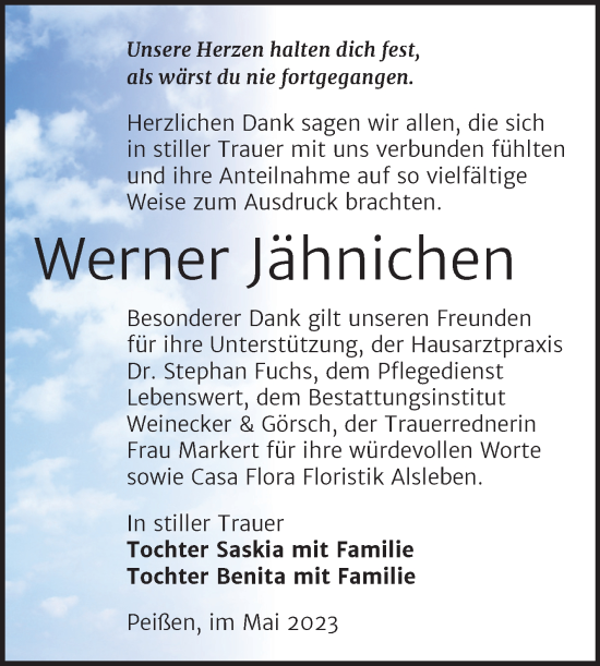 Traueranzeige von Werner Jähnichen von Trauerkombi Bernburg