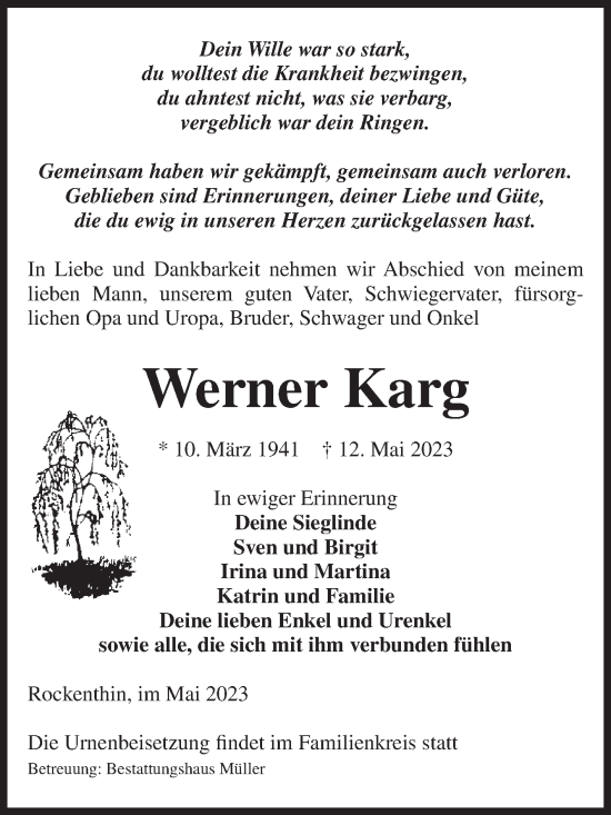 Traueranzeige von Werner Karg von Volksstimme Altmark West