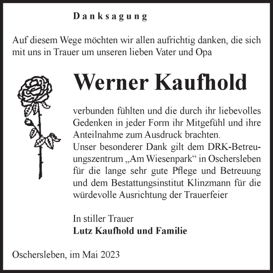 Traueranzeige von Werner Kaufhold von Volksstimme Oschersleben/Wanzleben