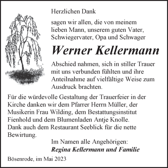 Traueranzeige von Werner Kellermann von Trauerkombi Sangerhausen