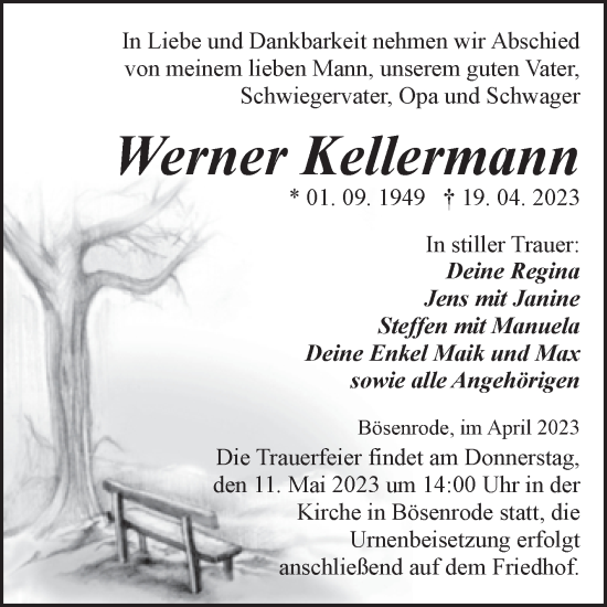 Traueranzeige von Werner Kellermann von Mitteldeutsche Zeitung Sangerhausen