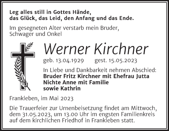 Traueranzeige von Werner Kirchner von Trauerkombi Merseburg