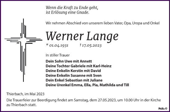 Traueranzeige von Werner Lange von Trauerkombi Zeitz