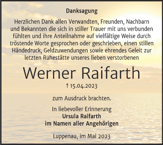 Traueranzeige von Werner Raifarth von Trauerkombi Merseburg