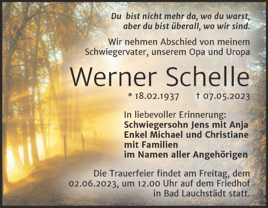 Traueranzeige von Werner Schelle von Mitteldeutsche Zeitung Merseburg/Querfurt