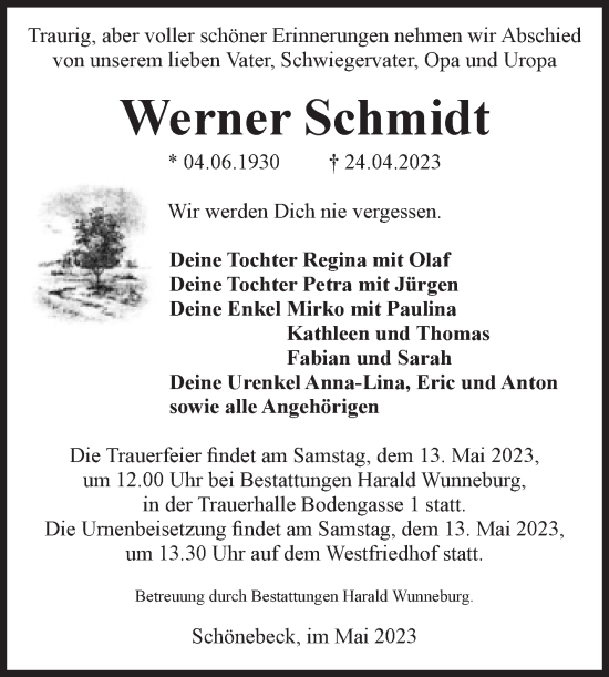 Traueranzeige von Werner Schmidt von Volksstimme Schönebeck