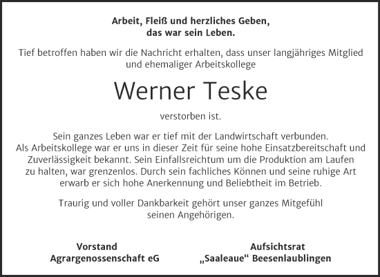 Traueranzeige von Werner Teske von Super Sonntag Bernburg
