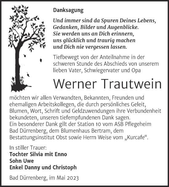Traueranzeige von Werner Trautwein von Trauerkombi Merseburg