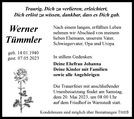Traueranzeige von Werner Tümmler von Trauerkombi Quedlinburg