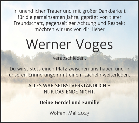 Traueranzeige von Werner Voges von Trauerkombi Bitterfeld