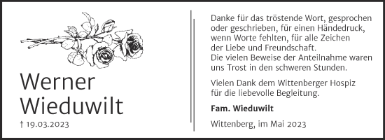 Traueranzeige von Werner Wieduwilt von Trauerkombi Wittenberg