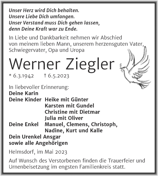 Traueranzeige von Werner Ziegler von Trauerkombi Mansfelder Land