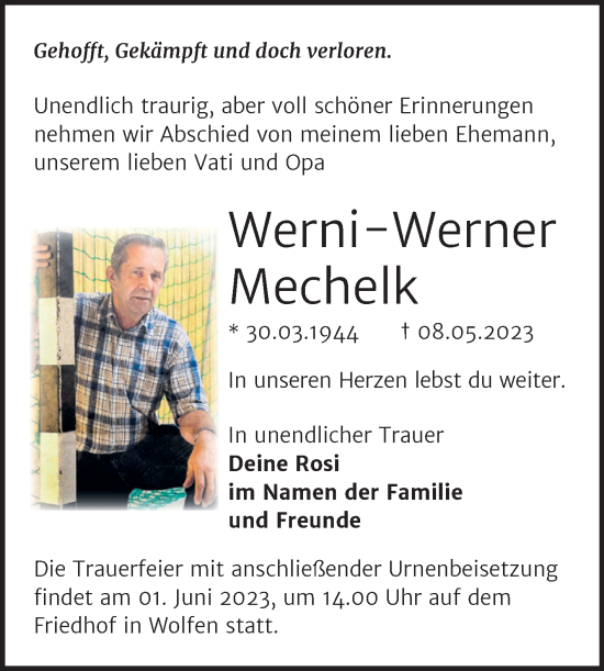 Traueranzeige von Werni-Werner Mechelk von Trauerkombi Bitterfeld